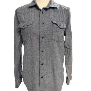 Roebuck & Co Snap Button Western Shirt M Gray Herringbone Cotton Workwear